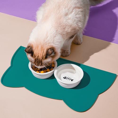 Cat Food Mat Silicone Non Slip Dog Bowl Mat Waterproof Cat Feeding Mat Stop Food Spills and Water Messes Out to Floor Pet Food Mat (Marrs Green / 24"L x 14"W)