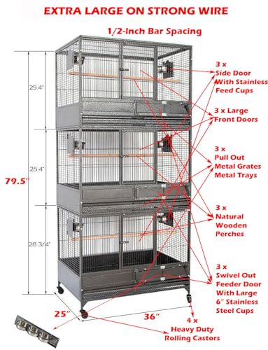 Extra Large Stackers Heavy Duty Wrought Iron Breeder Parrot Aviary Bird Breeding Rolling Cage with Side Nest Doors (Black Vein)
