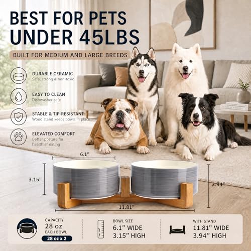 Dog Bowls Ceramic Cat Dog Bowl Set with Wood Stand for Food and Water (Grey White / 850ML*2)