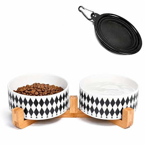 Ceramic Dog Cat Bowl Set with Stand (Black Rhombus / 400ML*2)