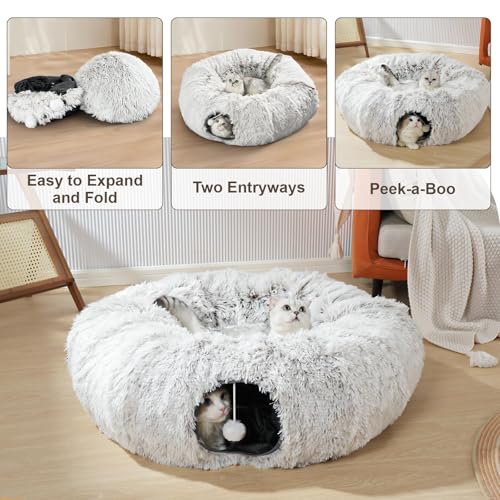 Cat Tunnel with Cat Bed for Indoor Cats (Grey)