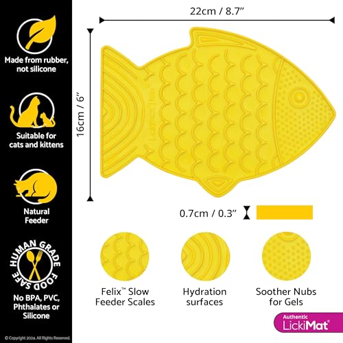 Felix, Fish-Shaped Cat Slow Feeders Lick Mat, Boredom Anxiety Reducer; Perfect for Food, Treats, Yogurt, or Peanut Butter. Fun Alternative to a Slow Feed Cat Bowl or Dish, Yellow (Yellow)