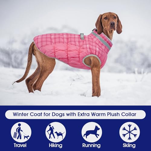 Dog Winter Coat Fleece Warm Small Dog Coat with Harness Built in (Rose Plaid / S(chest:17in))