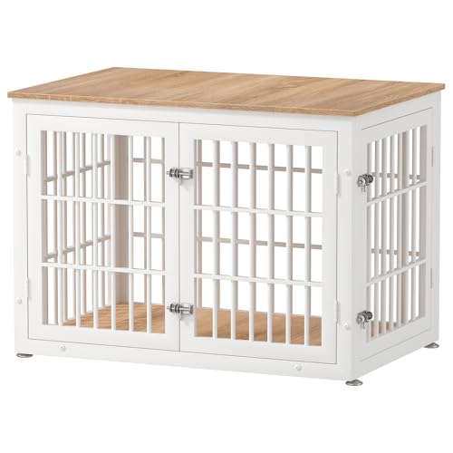 38" Heavy Duty Dog Crate Furniture for Large and Medium Dogs (White + Natural / 38.3"L x 25.4"W x 27.7"H)