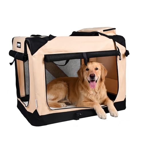 3 Door Portable Collapsible Soft Dog Crate Carrier with Bed (Camel)