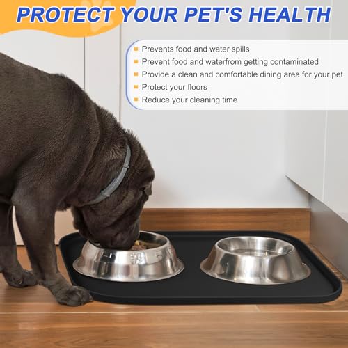 Waterproof Silicone Pet Food Mat with Raised Edge for Dog & Cat (Black / 19"L x 12"W)