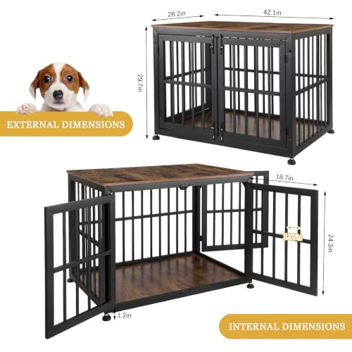 42 Inch Dog Crate Furniture for Large Medium Dogs (Black + Rustic Brown / 42.1"L x 28.2"W x 29.7"H)