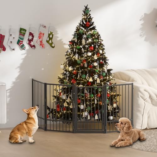 Full Metal Freestanding Dog Gate with Door (【4 Panels】80"W*32H" / Black)