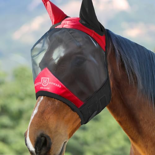 Pro Luminous Horse Fly Mask Standard with Ears UV Protection for Horse Scarlet Red (Scarlet Red/Black / Small (Yearling))