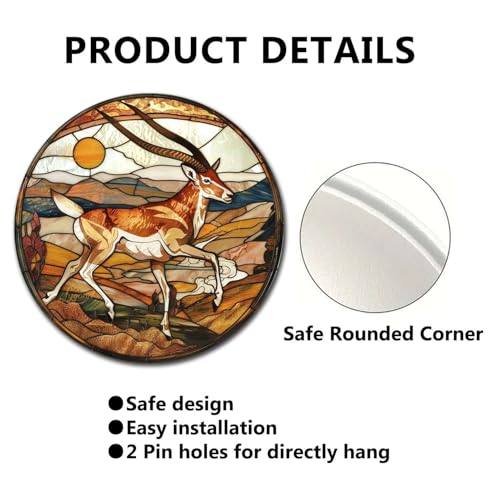 Metal Sign Tin Sign Circular Stained Glass Pronghorn Bar Signs For Home Bar For Restaurant 8×8 Inches (8×8 Inches / Pronghorn)