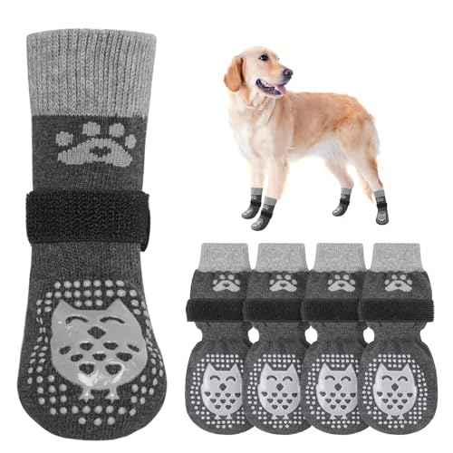Anti Slip Dog Socks to Prevent Licking Paws for Hardwood Floors (Owl-Dark Grey / Large (4 Count))