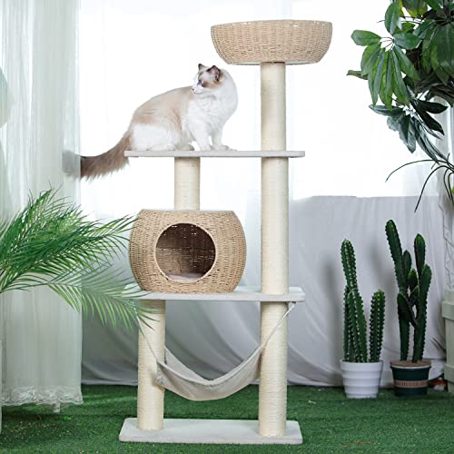 Wood Cat Tree for Indoor Cats (22.8"L x 15.7"W x 52.4"H)