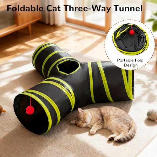 Cat Tunnel, 3-Way Collapsible Toy for Indoor Cats, Black & Yellow (Black & Yellow / Small)