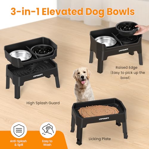 3-in-1 Elevated Dog Bowls with Slow Feeder & Licking Plate (Matte Black / Large)
