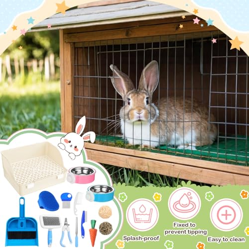 15 Pcs Rabbit Starter Kit Small Rabbit Litter Box Girls Gift Animal Grooming Kit Bunny Toys Bowl Blankets with Cleaning Set for Guinea Pig Accessories (Beige)