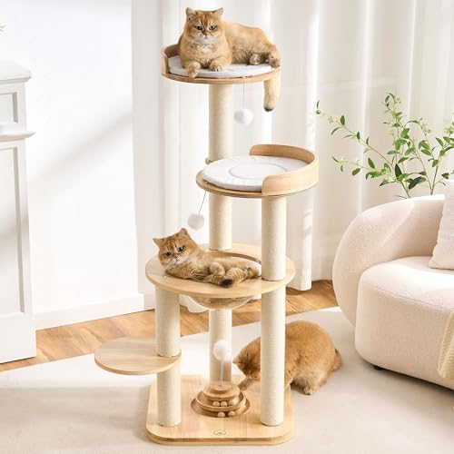 Modern Solid Wood Cat Tree Tower (49 Inch-Turntable Toy)