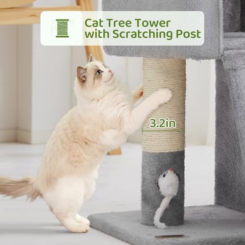 24inch Tall Cat Tree with 2 Cat Condo and Mouse Toy Cozy Small Cat Tower with Scratching Post and Board for Kitties and Small Cats.（Light Grey） (22*13*28)
