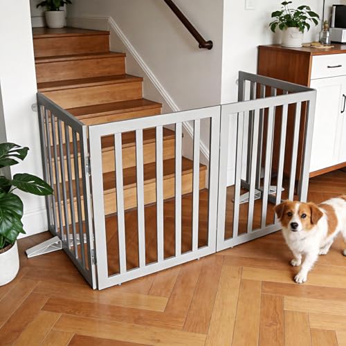 Freestanding Indoor Dog Gate for House Foldable Wood Puppy Gate for Doorways Pet Gate for Stairs Extra Wide Pet Fence (Gray / 【4 Panels】80''w x 24''h)
