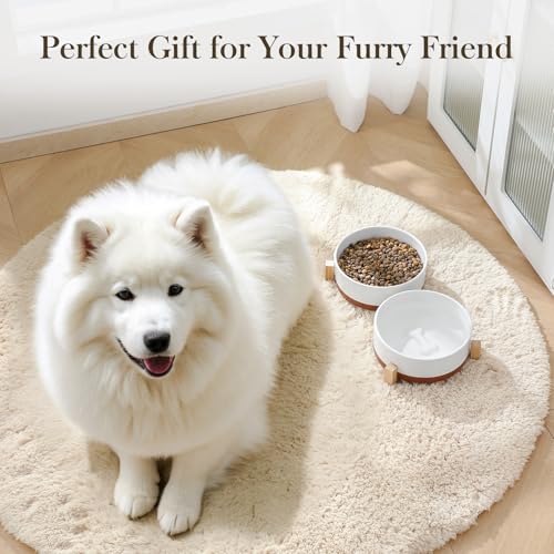 Dog Bowls Set with Wooden Stand (L-6 Cups / Vanilla White（2 PCS with Stand）)