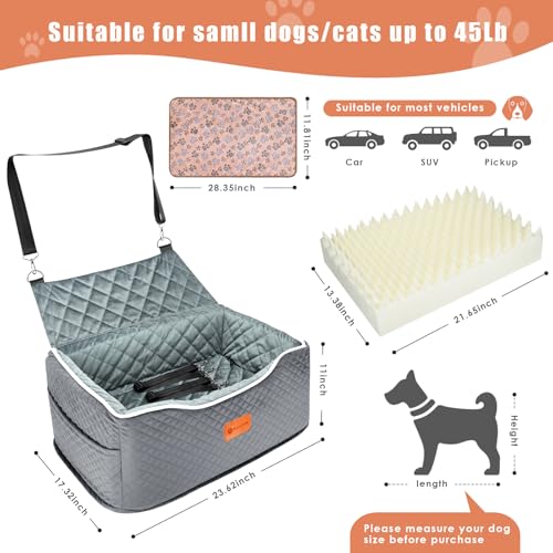 Memory Foam Booster Dog Car Seat for Medium Dogs Under 45 LBS (Grey / Medium)