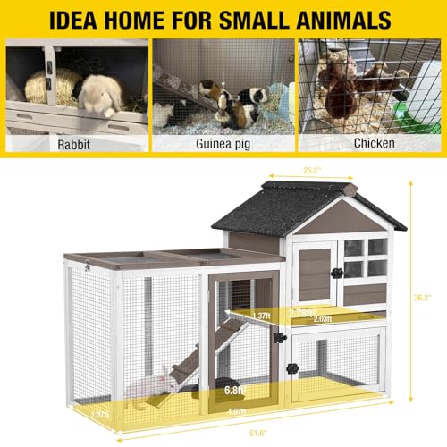 51.6''L Rabbit Hutch Outdoor Chicken Coop Indoor Bunny Cage with Run (51.6"L x 25.2"W x 36.2"H / Brown)