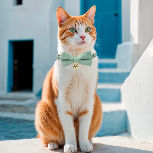 2 Pack Soft Corduroy Cat Collars with Bow Tie & Bell Adjustable Breakaway Kitten Bowtie Collar for Female Male Cats (S:Neck 7.0" - 11.0" / Corduroy-Pink Grass Green)