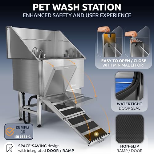 Professional Dog Washing Station 304 Stainless Steel Pet Wash Sink (Silver, Left Ramp, 1 Drawer / 40 Inches)