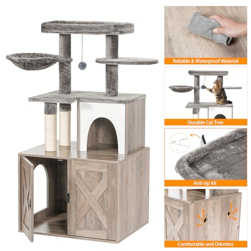 Cat Litter Box Enclosure with Tree Tower and Condo (Grey)