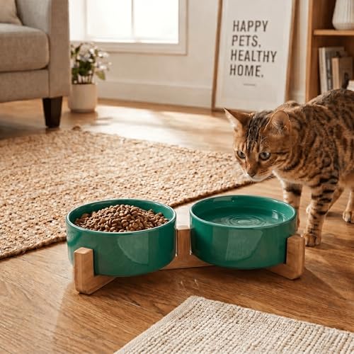 Ceramic Dog and Cat Bowl Set with Wooden Stand (1.7 cups / Light Green × 2)