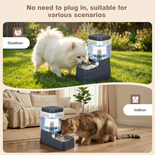 1.1 Gallon Pet Automatic Dog Water Dispenser Cat Gravity Waterer Feeder with Stainless Steel Bowl 8L Large Capacity Puppy Feeding Raised Bowls with Filter (Charcoal Gray / 4L(1.1 Gallon))