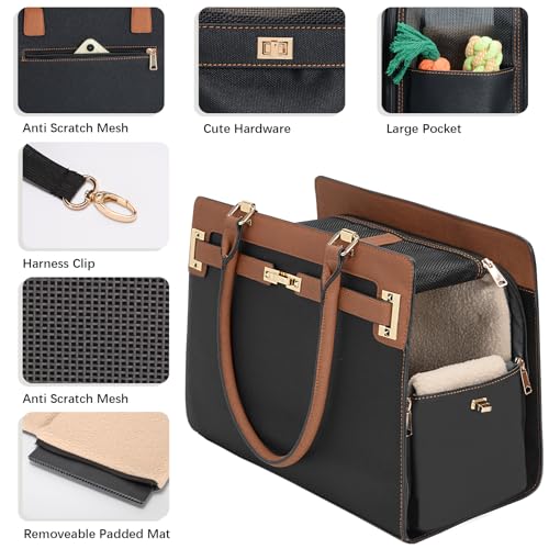 2-in-1 Stylish Dog Purse Carrier Soft-Sided Carriers Travel Tote Bag for Small Dogs Cats, Fashion Foldable Pet Bag for Puppies Small Animals with Pockets (Black+Brown, 15" L x 7.5" W x 12.2" H) (Black+Brown / 15" L x 7.5" W x 12.2" H)