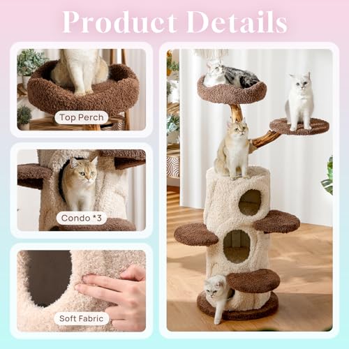 54.7'' Tall Modern Wood Cat Tree with 3 Level House (54.7'' Light Brown)