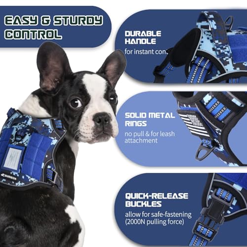 Tactical Dog Harness for Small Dogs No Pull (Blue Camo / XS(Neck:11-12.5", Chest:14-20"))