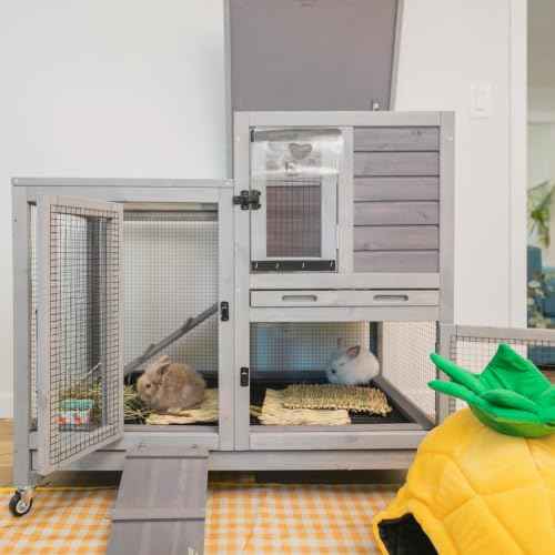 Rabbit Hutch Mobile Bunny Cage Indoor with Run Rabbit House for Small (40.6"L x 26.0"W x 37.6"H)
