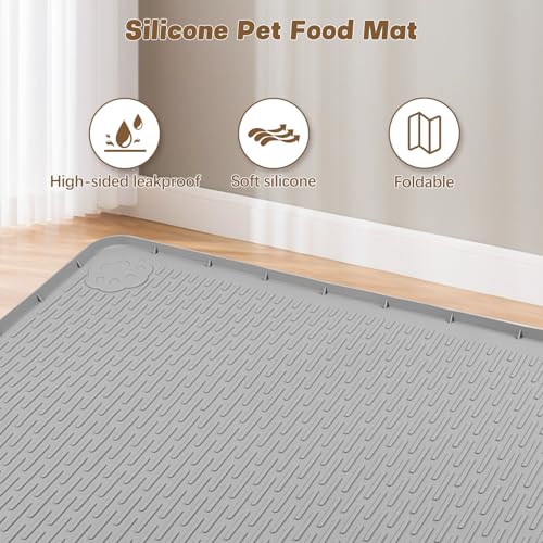 Cat Food Mat Extra Large Silicone Pet Bowl Mat 40''x40'' (Light Grey / 40"L x 40"W)