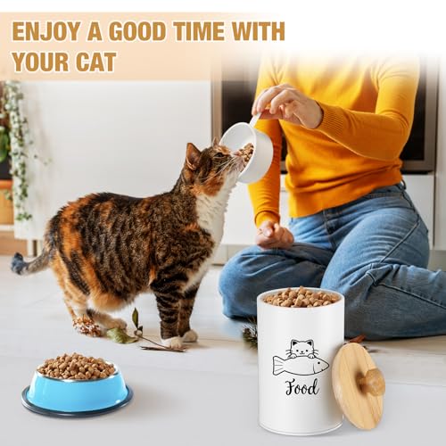 Metal Airtight Cat Treat Container Set of 3 with Bamboo Lids and Spoon Cat Food Storage Container with DIY Labels Pen Pet Cookie Snack Food Storage Organizer Jars for Kitchen Counter (White)