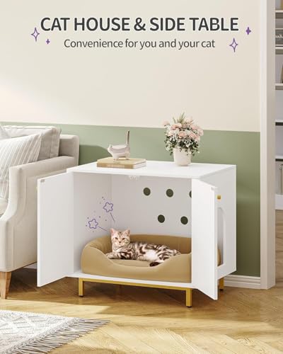 Cat Litter Box Enclosure (31.5"L x 21.7"W x 27.6"H / White and Gold)