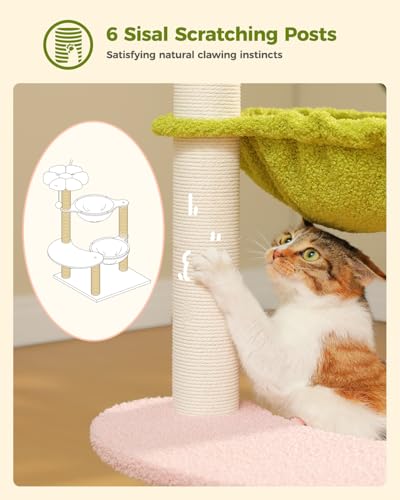37.4" Flower Cat Tree with 2 Hammocks & 6 Sisal Posts (37.4" / Pink)