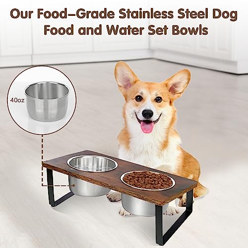 Elevated Dog Bowls for Small Medium Wood Dogs Raised Bowl Stand with 2 Stainless Steel Deep Dog Food and Water Bowls (Walnut-Small&Medium)