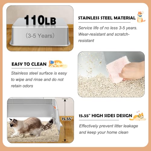 Stainless Steel Litter Box with Lid (Beige(With Mat&Step))