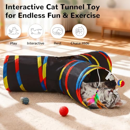 Cat Tunnel, 3-Way Collapsible Toy for Indoor Cats, Black & Rainbow (Black & Rainbow / Small)