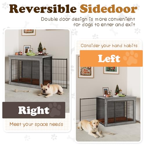 Wooden Dog Crate Furniture with Thick Cushion (M(23.6" x 22.1" x 25.3") / Grey)