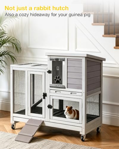 Rabbit Hutch Indoor Bunny Cage with Run Outdoor Rabbit House with Two Deeper No Leak Trays (Grey / 40.6"L x 26.0"W x 37.6"H)