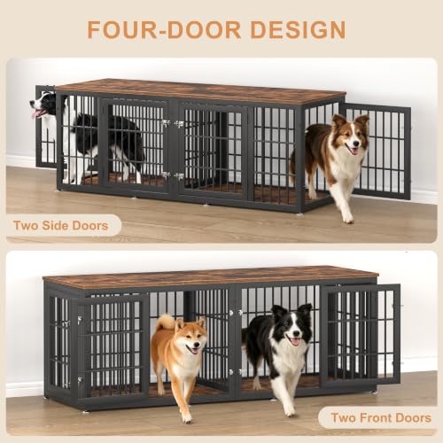 72" Heavy Duty Double Dog Crate Furniture for Large (Black + Rustic Brown / 72.8"L x 25.6"W x 27.5"H)