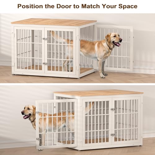 42" Heavy Duty Dog Crate Furniture for Large and Medium Dogs (White + Natural / 42.1"L x 29.9"W x 30.4"H)