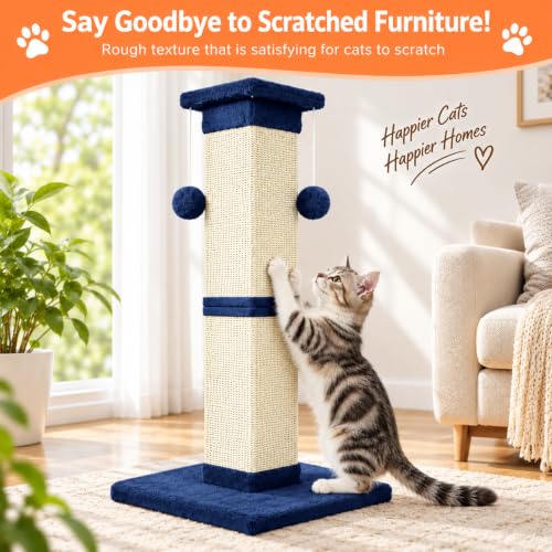Cat Scratching Post 33 Inch Nature Sisal Scratch Post for Indoor Cats (Blue)