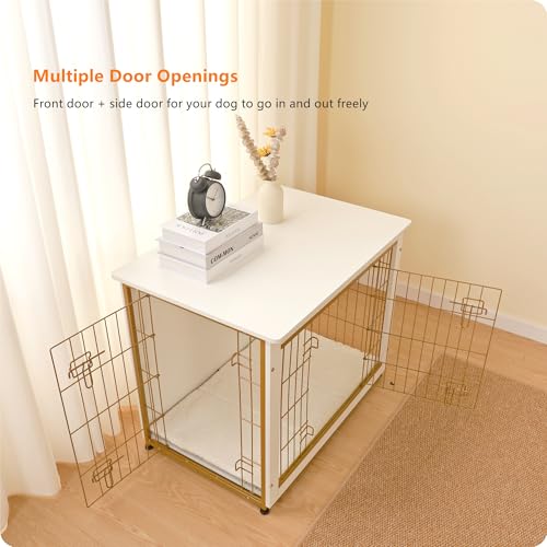 32.5" Dog Crate Furniture with Cushion (White+Gold / 32.5"L x 21.9"W x 25.6"H)