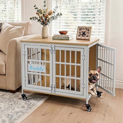 Heavy Duty Dog Crate Furniture with Personalized Name Tag (White / 26.8"L x 20.9"W x 23.2"H)