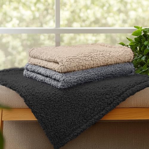 1 Pack 3 Calming Blankets Fluffy Premium Fleece Pet Blanket Soft Sherpa Throw for Dog Puppy Cat Beige (Small (Pack of 3) / Beige/Black/Grey)