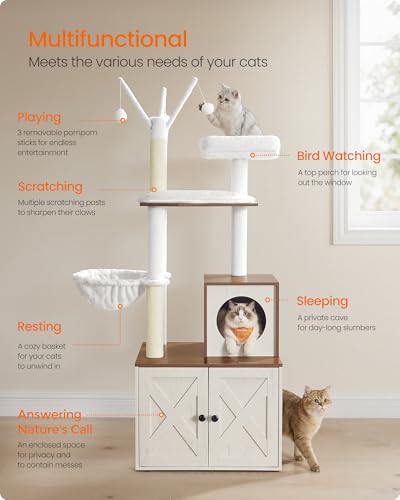Cat Tree with Litter Box Enclosure (Rustic White + Honey Brown)